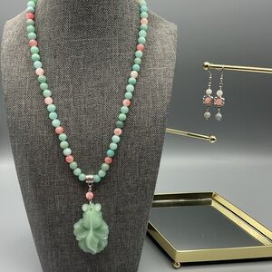 Elegant Green and Pink Beaded Necklace and Earring Set
